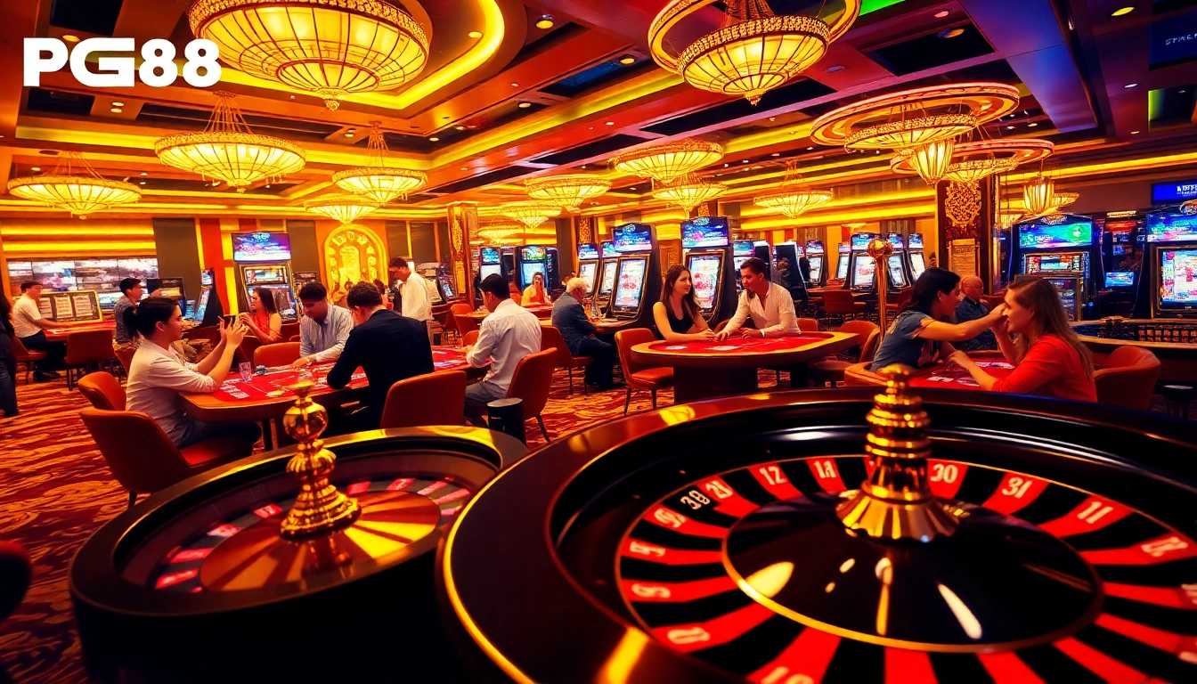 Experience the thrill of PG88 casino gaming with players at the poker table and roulette wheel.
