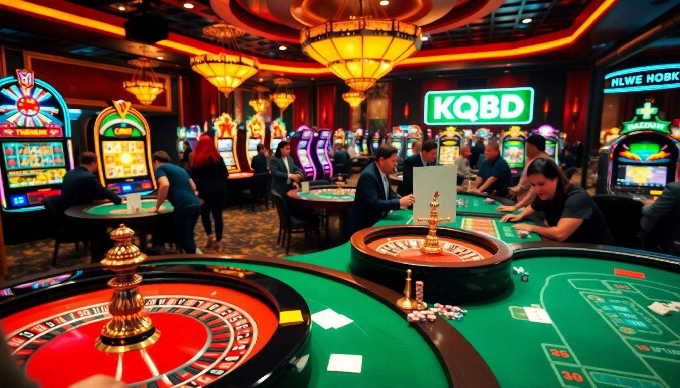 Engaged players at a bustling casino table showcasing KQBD betting excitement and colorful chips.