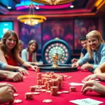 Players embrace the thrill of 96F casino action at a poker table, captivating their excitement and high stakes.
