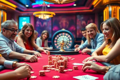 Players embrace the thrill of 96F casino action at a poker table, captivating their excitement and high stakes.