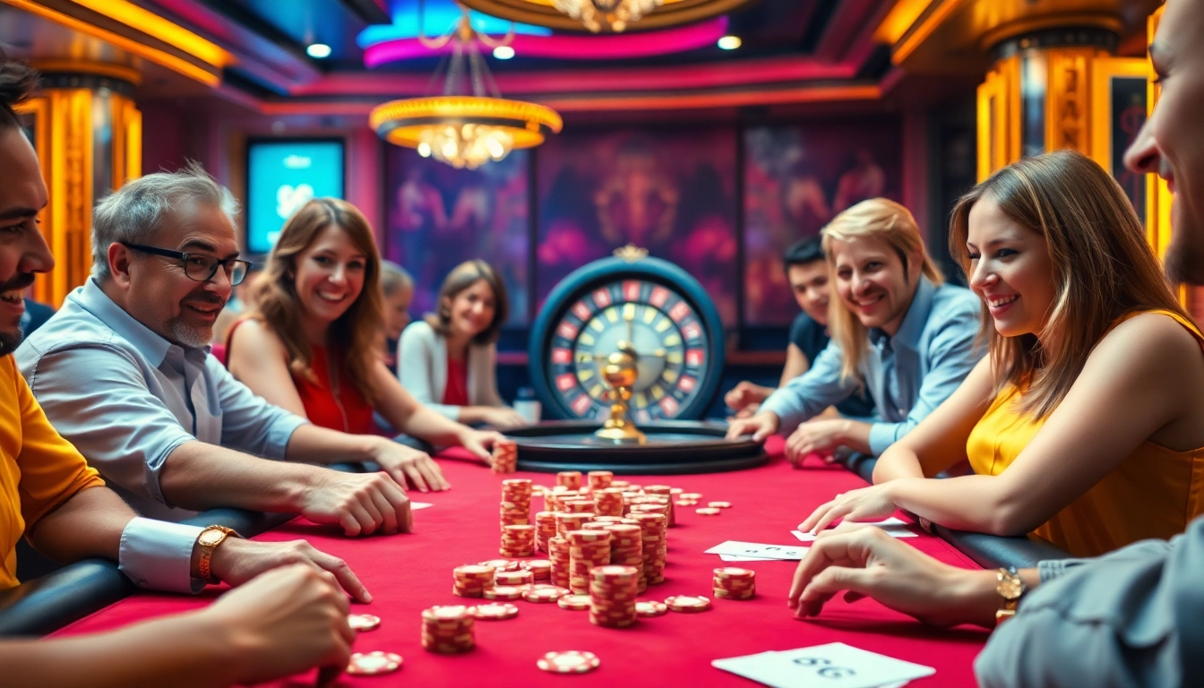 Players embrace the thrill of 96F casino action at a poker table, captivating their excitement and high stakes.