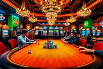 Experience the thrill of poker at https://x333.shop/ with vibrant chips and engaging players at an upscale casino table.