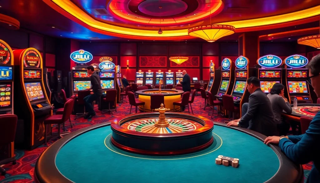 Experience the thrill of JILI as players engage with vibrant slot machines and exciting casino games.