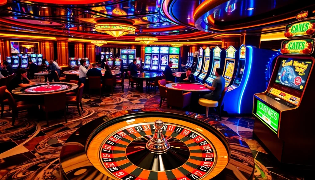 Experience the excitement of QE8 at a bustling casino with vibrant gaming tables, roulette wheels, and slot machines.