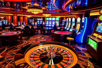 Experience the excitement of QE8 at a bustling casino with vibrant gaming tables, roulette wheels, and slot machines.