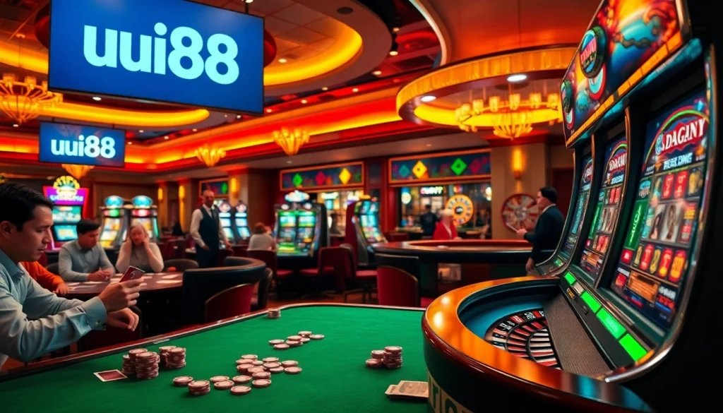 Players immersing in a thrilling poker game at UU88 casino with vibrant slot machines in the background.