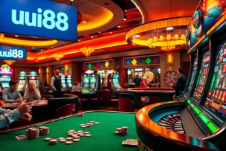 Players immersing in a thrilling poker game at UU88 casino with vibrant slot machines in the background.