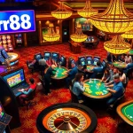 Experience thrill with rr88 as players engage in exciting slot machines, cash, and poker chips at a vibrant casino.