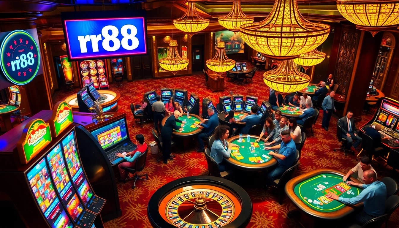 Experience thrill with rr88 as players engage in exciting slot machines, cash, and poker chips at a vibrant casino.