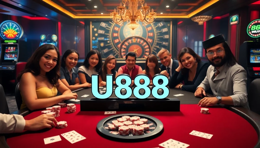 U888 offers an exhilarating poker experience with players, chips, and a dazzling casino backdrop.