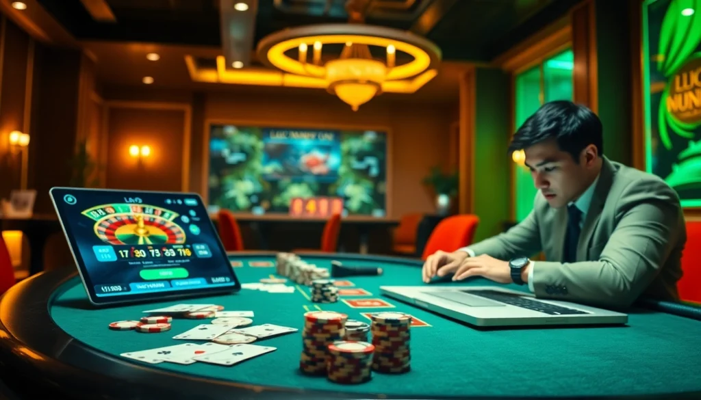 Experience the excitement of Lô đề online with a digital roulette wheel and poker chips in a modern gambling scene.