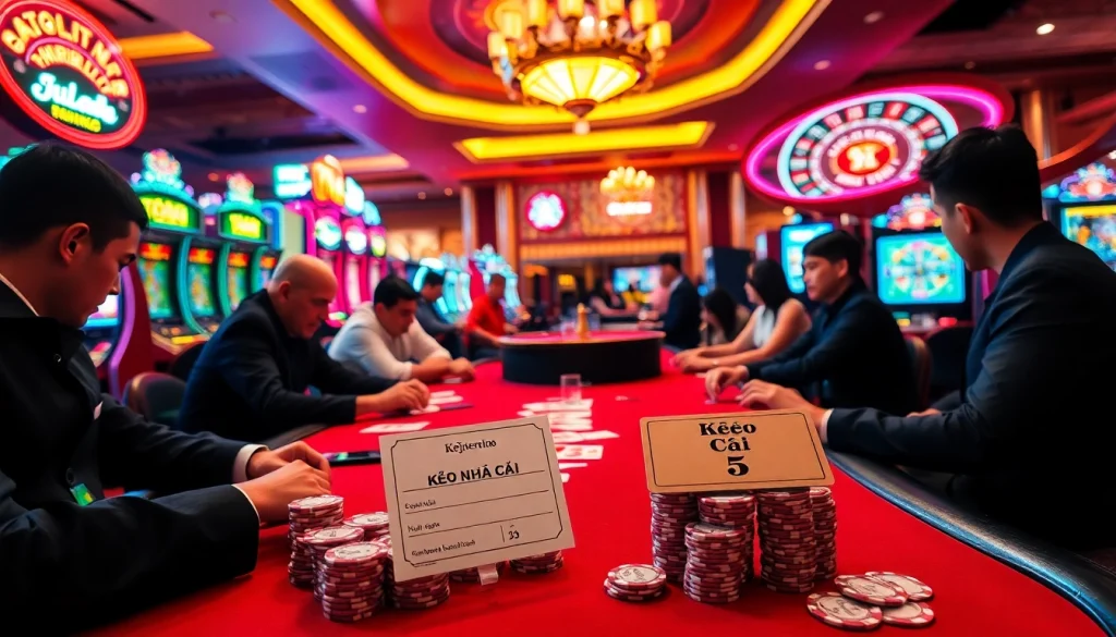 Kèo Nhà Cái 5 shines at the poker table with intense players and vibrant slot machines.
