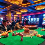 At Nohu90, players bet passionately at poker tables filled with colorful chips and cards.