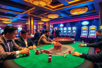 At Nohu90, players bet passionately at poker tables filled with colorful chips and cards.