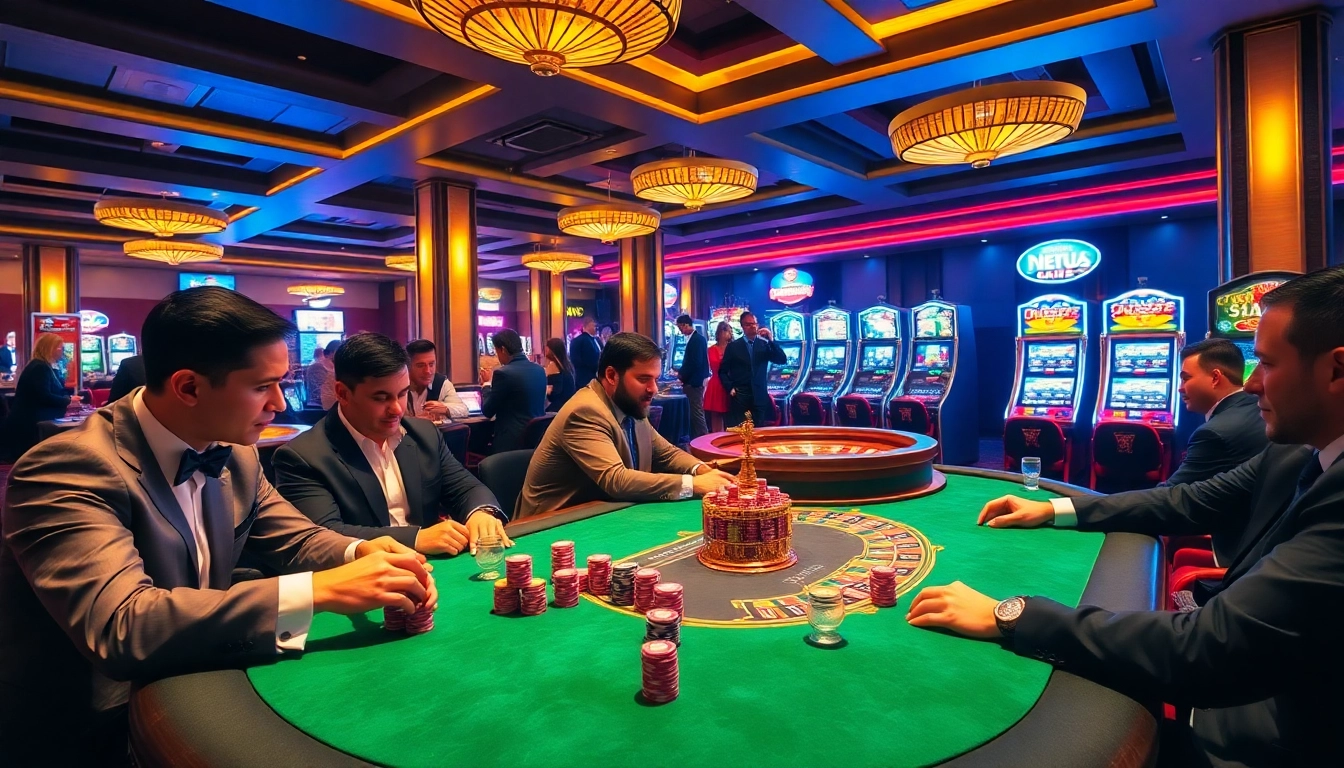 At Nohu90, players bet passionately at poker tables filled with colorful chips and cards.