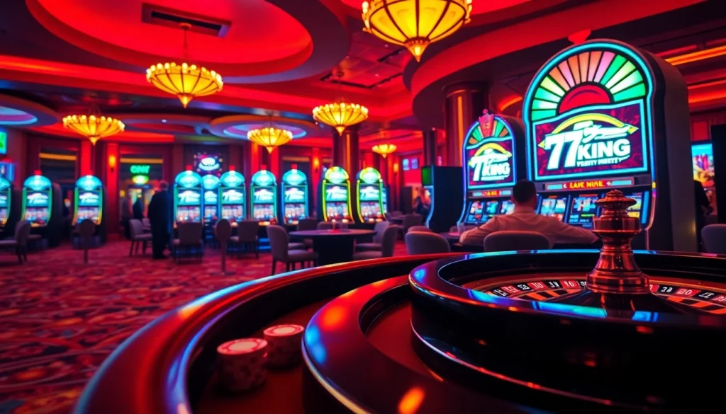 79KING casino scene with excited players at poker table, vibrant slot machines glowing in luxury ambiance.