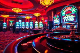 79KING casino scene with excited players at poker table, vibrant slot machines glowing in luxury ambiance.