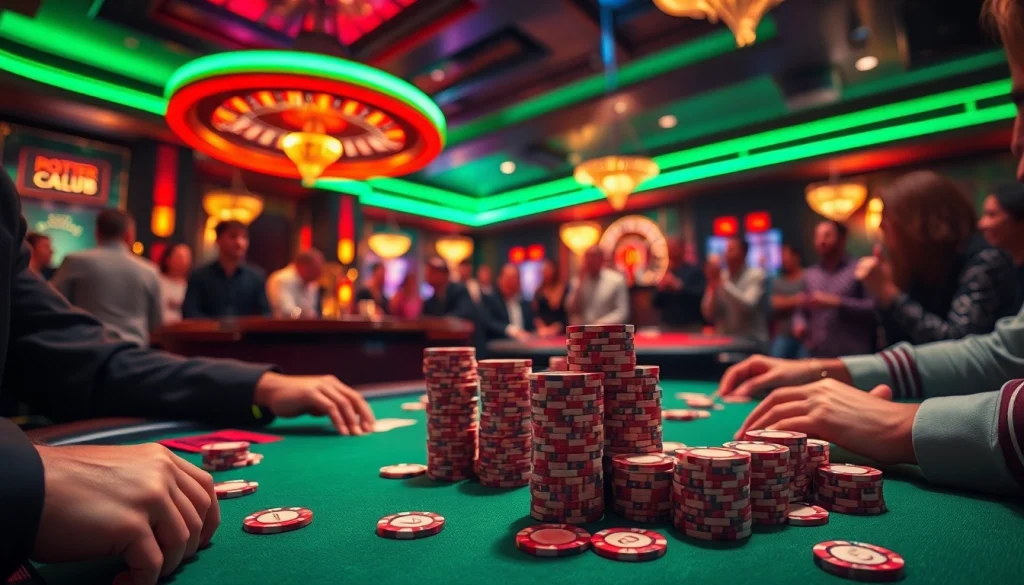 HITCLUB poker scene capturing intense gameplay with chips and vivid casino lights.