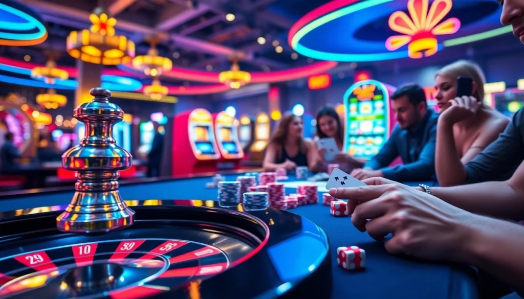 KUWIN gaming table attracts enthusiastic players enjoying poker, dice games, and vibrant slot machines.